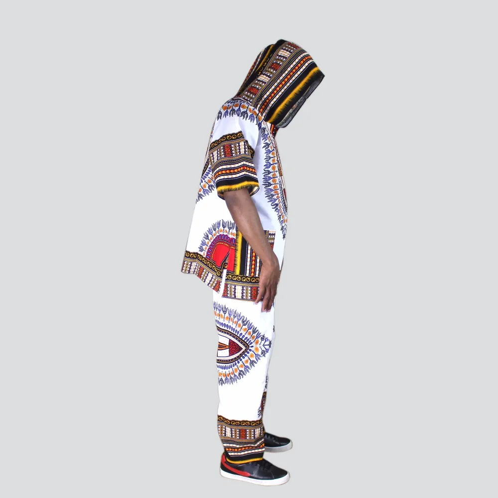 Unisex White Dashiki Set Top Hippie Blouse Hoodies and Pants Set with Pockets