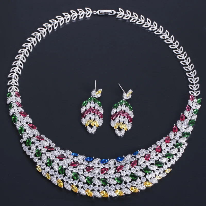 CWWZircons Shiny Multi Color Cubic Zirconia Large Heavy Bridal Necklace Jewelry Set for Brides Wedding Dress Accessories T178