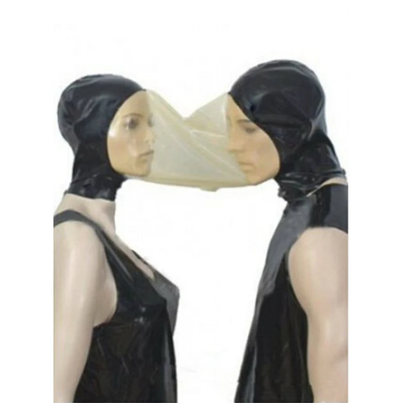 

sexy lovers lingerie unisex latext spliced transparent handmade latex double hoods couple mask cekc uniform fetish costumes