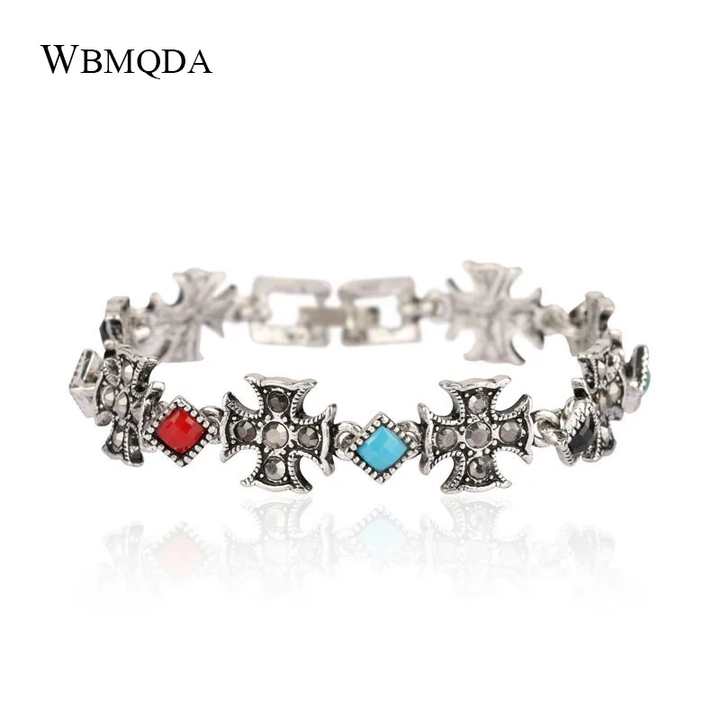 2018 Vintage Crystal Cross Bracelets For Women Bohemian Style Multicolor Resin Silver Color Charm Bracelet Religous Jewelry