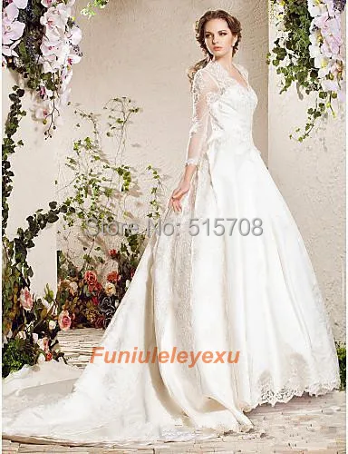 Elegant Ball Gown Long Sleeve V Neck Floor Length Beading Crystal Lace Satin Bridal Gown 2014 Newest Wedding Dress