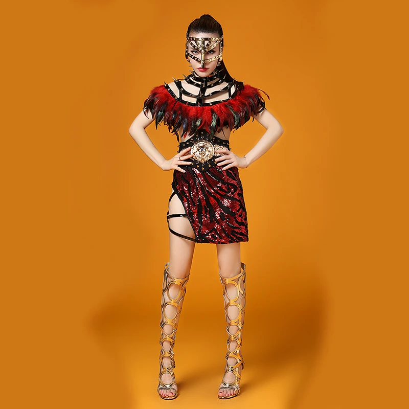 أسود أحمر ريشة الترتر فستان زي حفلة موسيقية ارتداء الزي عيد ميلاد مساء حفلة الكتف تنورة ملهى ليلي المرأة ملابس السهرة