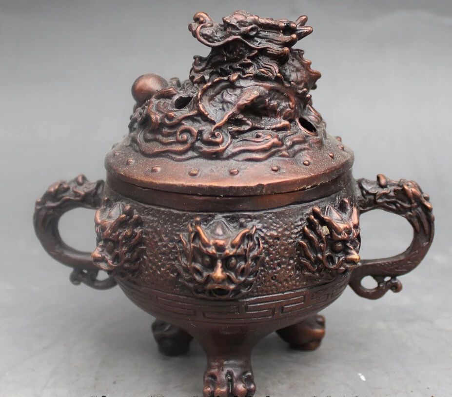 

song voge gem S0017 5" Chinese Feng shui Bronze Nine Dragon Beast Incense Burner Censer Sculpture