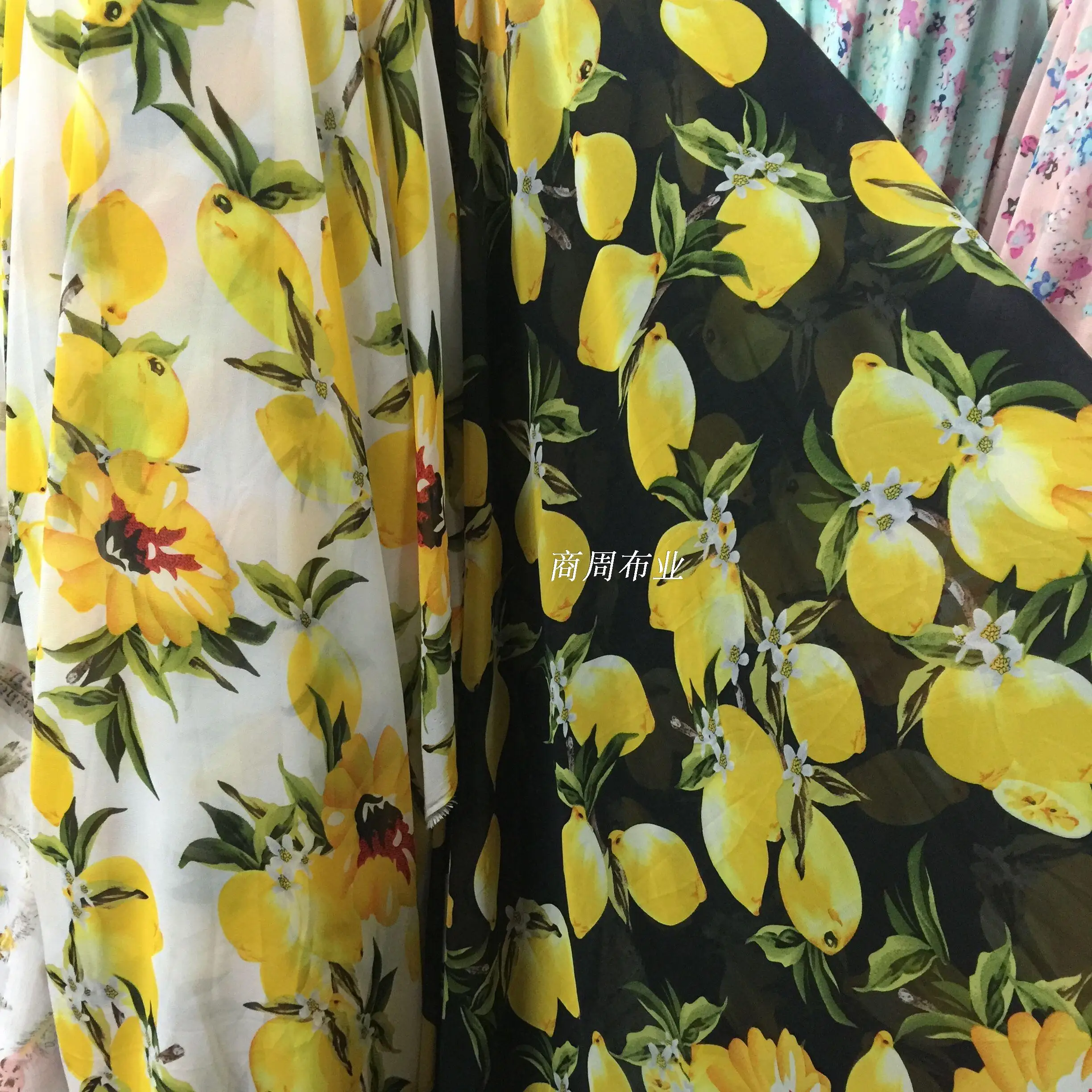 3 color printed lemon  Branches and leaves printed chiffon f fabric Bohemia resort long dress clothing material