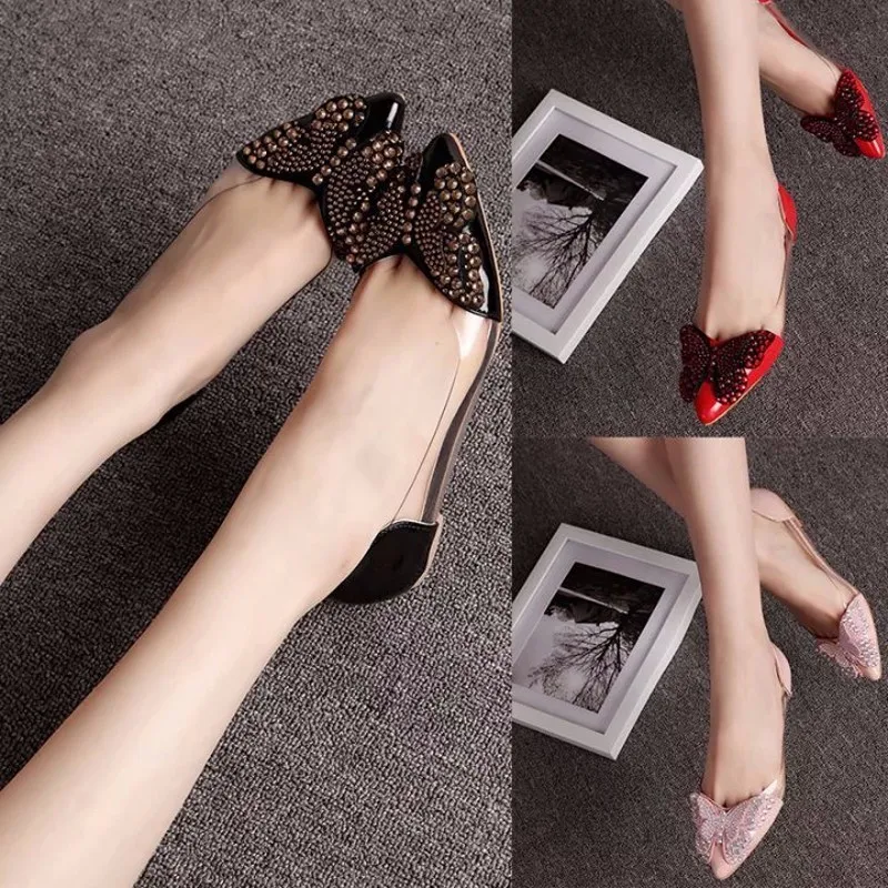 Rhinestone Ballets Flats Women Butterfly Pointed Toe Wedding Dress Shoes Loafers Female Crystal Summer Flat Shoes Zapatos