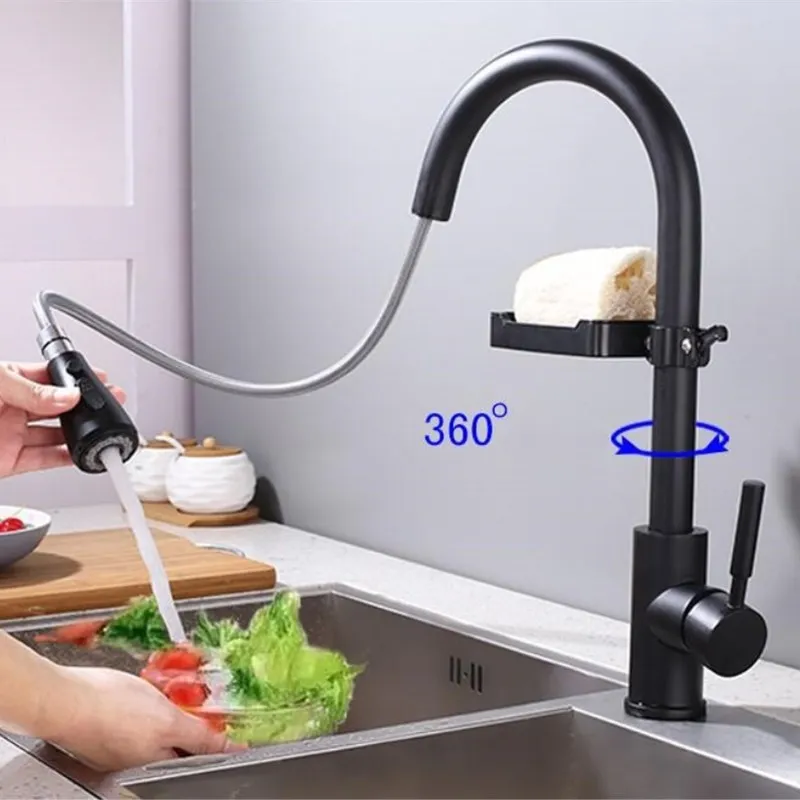 Newly Arrived Pull Out Kitchen Faucet Black Sink Mixer Tap 360 degree rotation  kitchen mixer taps Kitchen Tap with Soap pallet