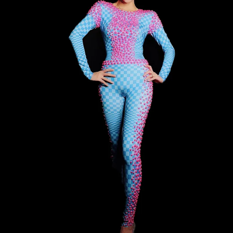 

Sexy One Piece Women's Birthday Party Outfit Women Singer Leggings New Pink Pearls Stones Blue Plaid Pattern Jumpsuits Clubwear