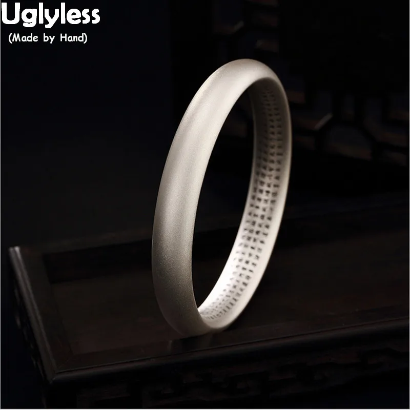 

Uglyless Real 99.9% Full Silver Close Bangles 58-62MM Diameter Unisex Frosted Heart Sutra Bangles Buddhism Wide Thick Bracelets