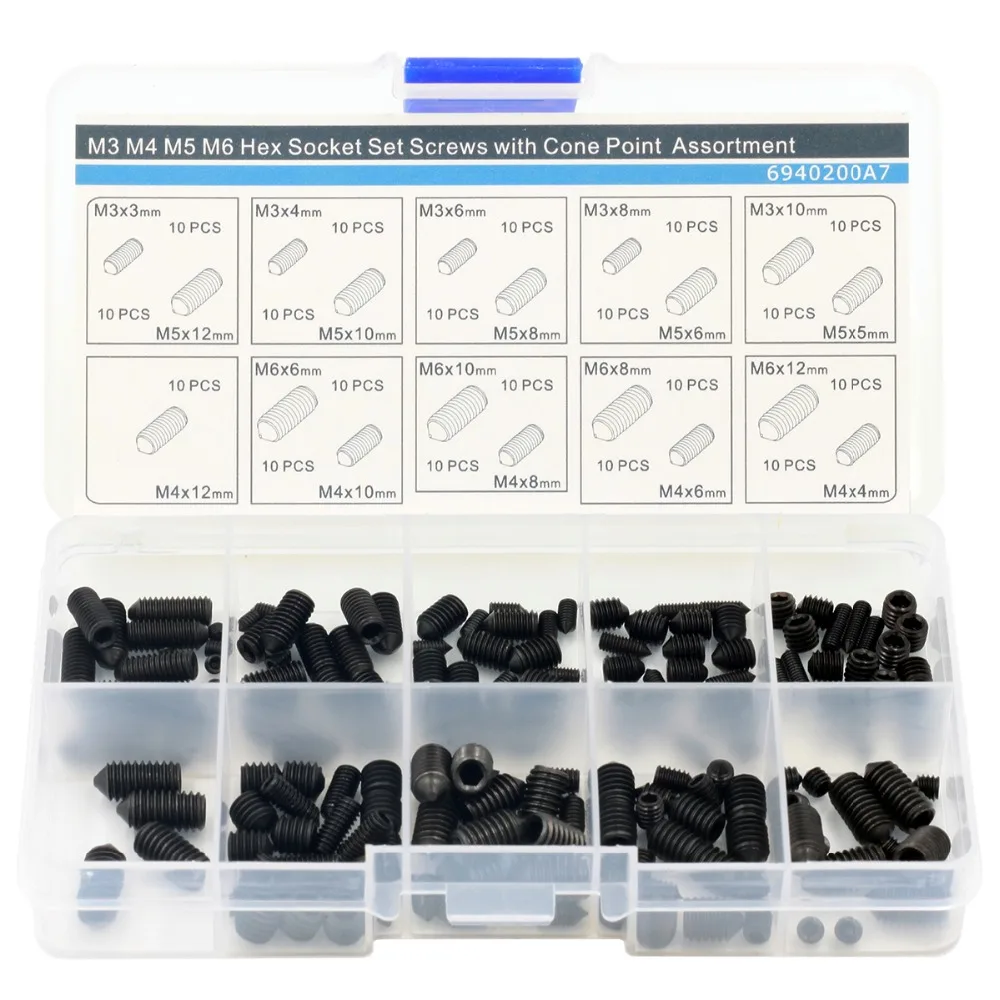 

M3 M4 M5 M6 Hex Socket Set Screws with Cone Piont Assortment Kit,Alloy Steel,190 pieces,Black