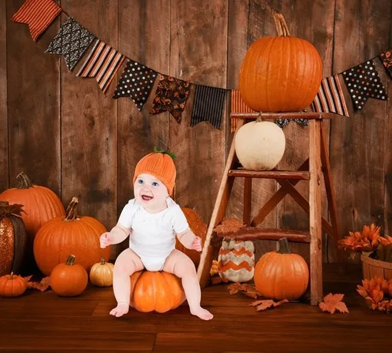 Halloween Baby Toddler Old Wood Holiday Pumpkin  flag leaves backdrops   Computer print newborn baby background