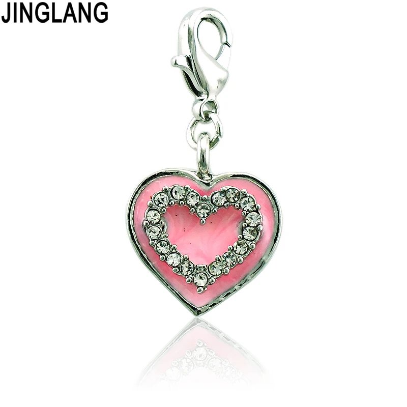 

JINGLANG Fashion Lobster Clasp Charms Dangle Rhinestone Enamel Double Heart Pendants Charm For Jewelry Making DIY Accessories