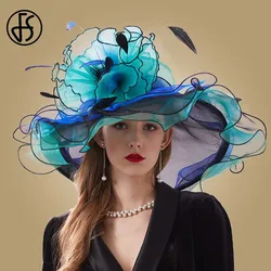 FS Organza Kentucky Derby Fascinators Hat For Women Ladies Wide Brim Sun Hats Flowers Elegant Wedding Bride Church Party Fedoras