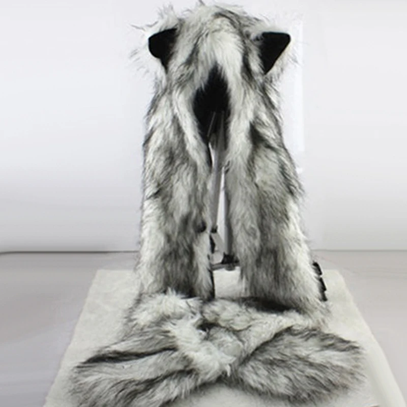 Women Fashion Wolf Ears Paws Faux Fur 3 in 1 women\'s  Hat Scarf Mittens Winter Warm Cap Wolf Hat