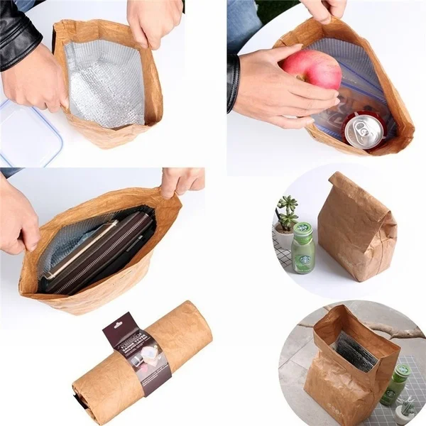 Brown Paper Lunch Bag Reusable Insulated Thermal Cooler Sack Magnetic Closure