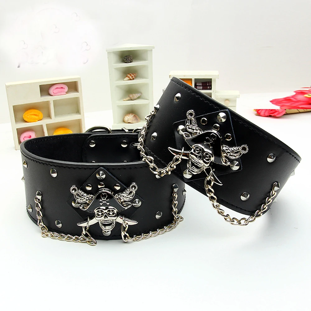 Round Studded Large Dog Genuine Leather Collar with The Pirates Ghost Pets Durable Collars 3 Sizes Free shipping