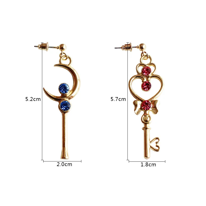 Drop shipping One Pair Gold Color with Blue Red Crystal Key Shaped Star Moon Dangle Earrings