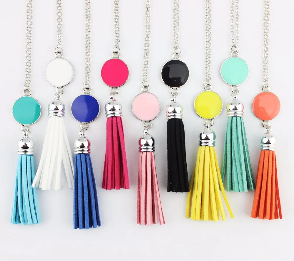 Monogram Enamel Disc Leather Tassel Long China Pendant Necklace for Women Fashion Jewelry