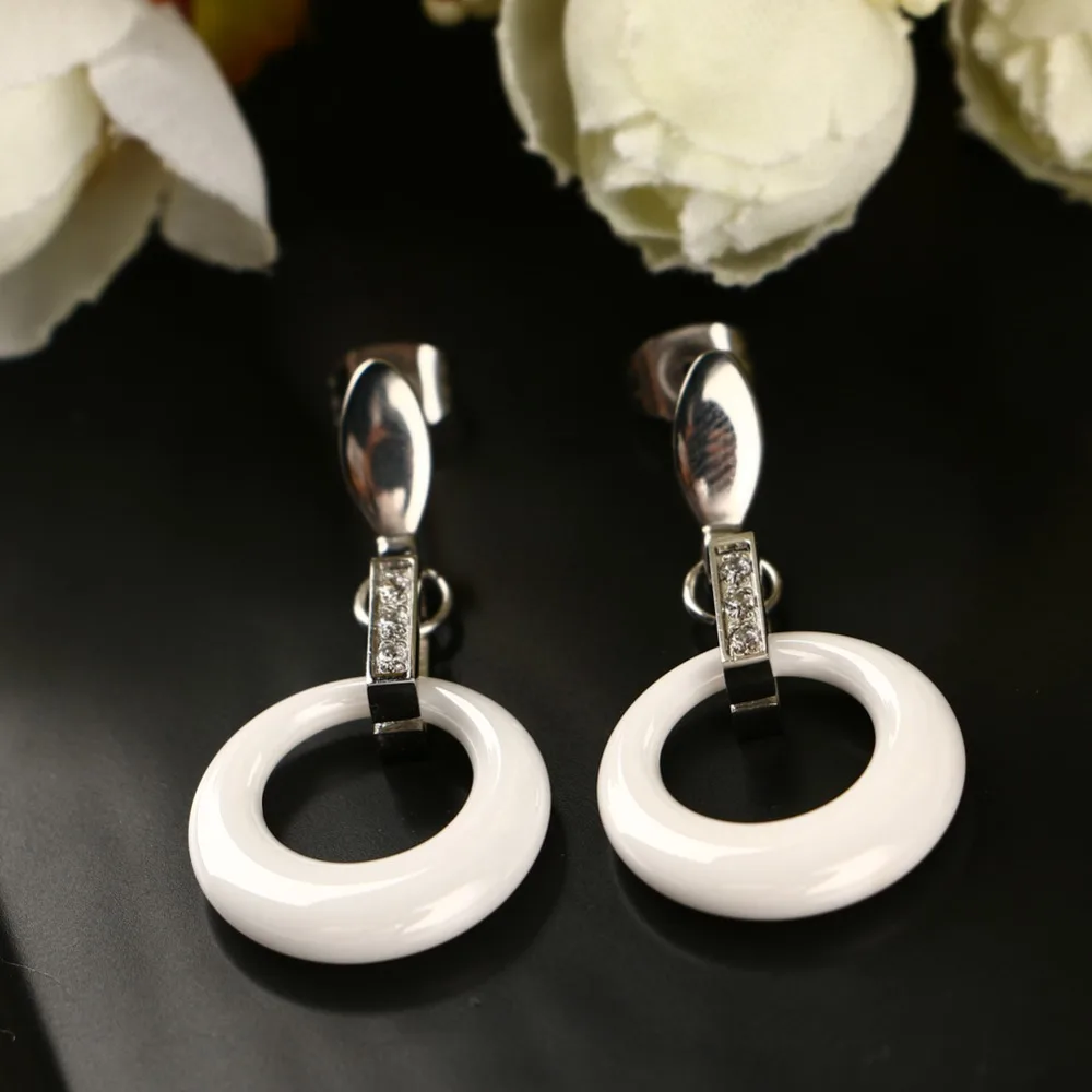 Fashion White Circle Earring For Women Never Fade Health Material Ceramic CZ Zircon Hoop Shape Earrings Wedding Jewelry