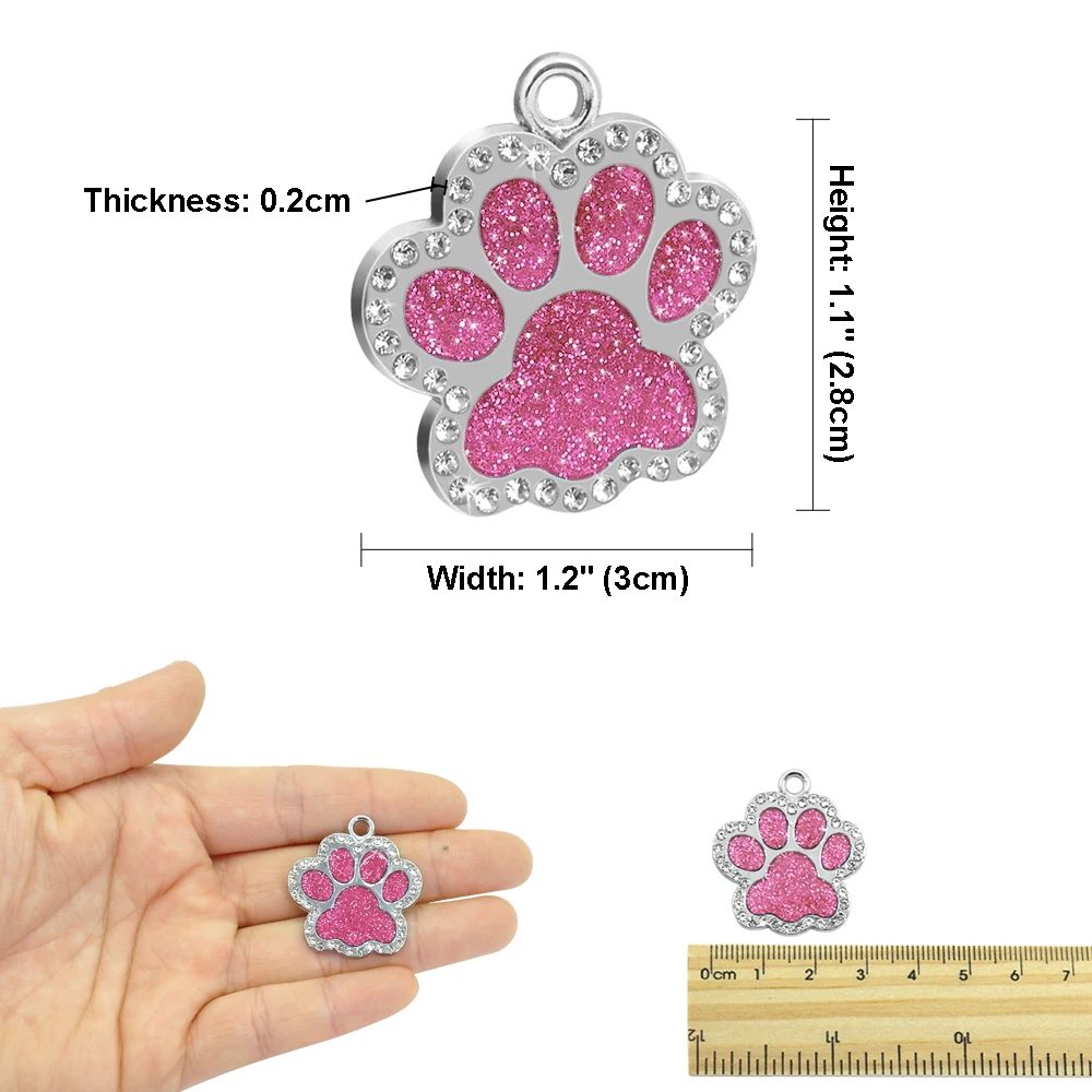 Glitter Cat ID Tag Pendant Personalized Kitten Puppy Name Tags Paw Shape Anti-lost Pet Nameplate Bling Rhinestone Free Gift Bell