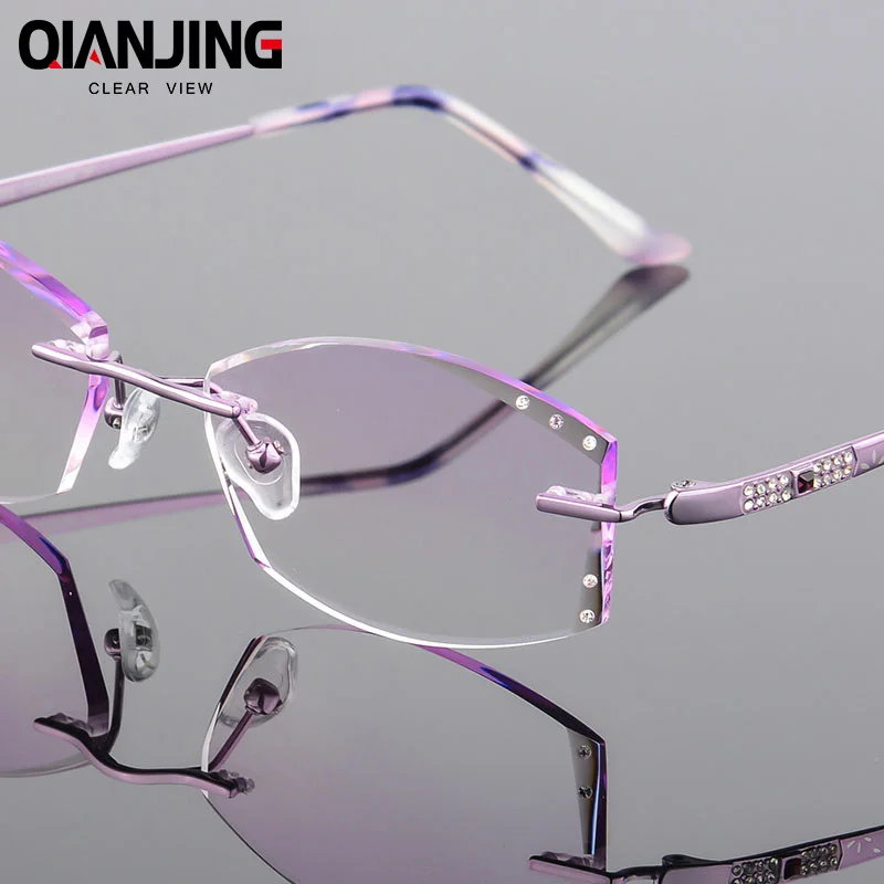

QJ Titanium Eyeglasses Rimless Women Luxury Diamonds Design High Clear Lenses Myopia Glasses Computer Ladies Reading Glasses