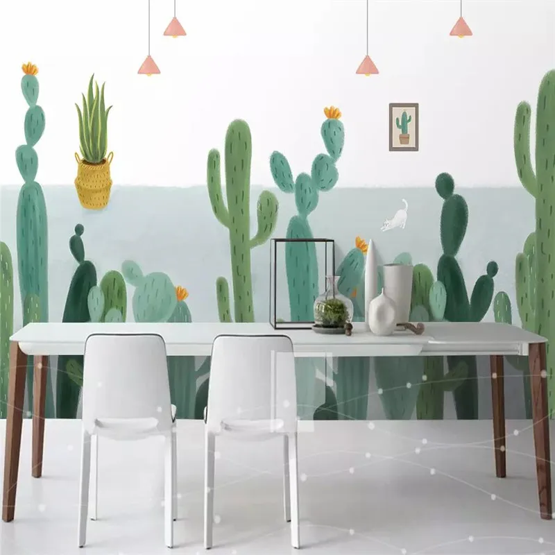 

Cactus hand-painted minimalist TV background wall professional production mural wallpaper wholesale custom poster photo wall