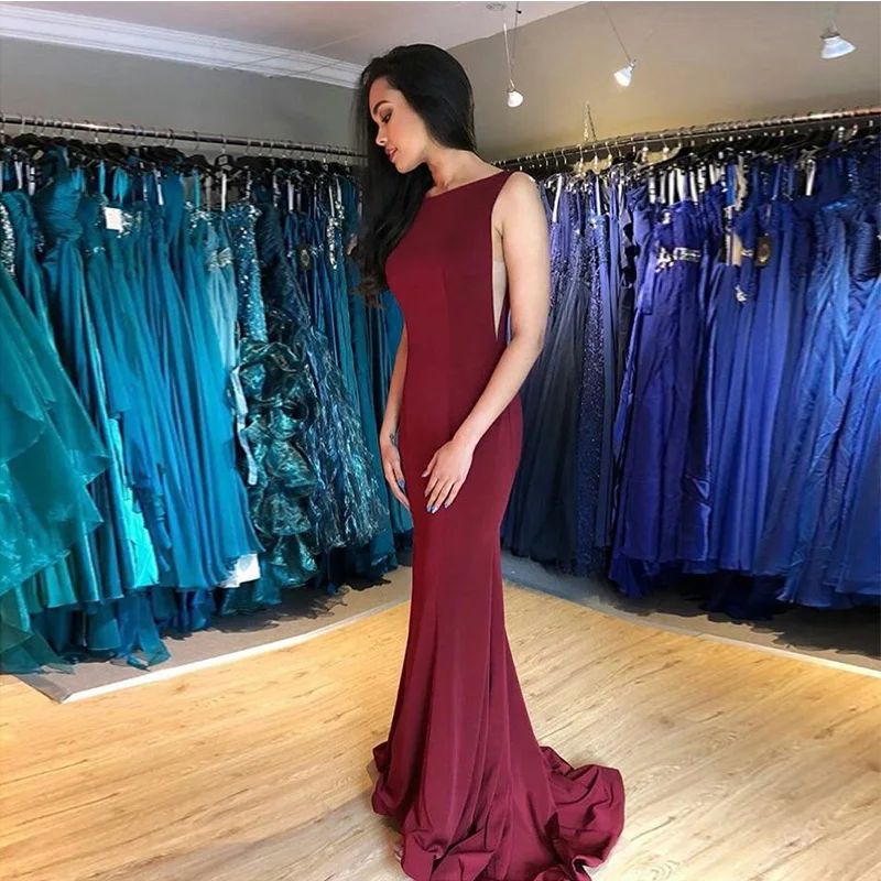 Sexy Lungo Borgogna Abiti da ballo Scoop Neck Backless Elastico Raso Formale Vestiti Da Partito di Stile Della Sirena Sweep Treno Prom Gowns