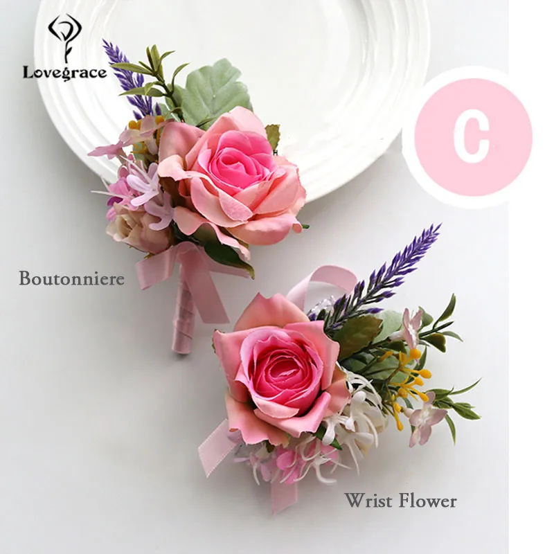 Bruiloft Accessoires Boutonnières Corsages Armbanden Bruidsmeisje Roze Zijde Rozen Bruidsjonkers Knoopsgat Huwelijk Manchet Pols Corsages