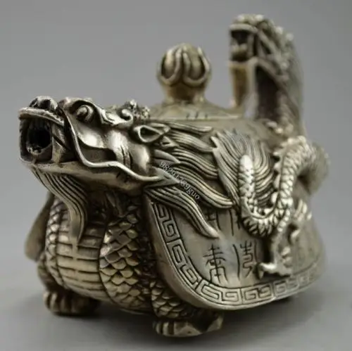 Exquisite Collectible Decorated Old Handwork Tibetan Silver Carved Dragon Tortoise Tea Pot