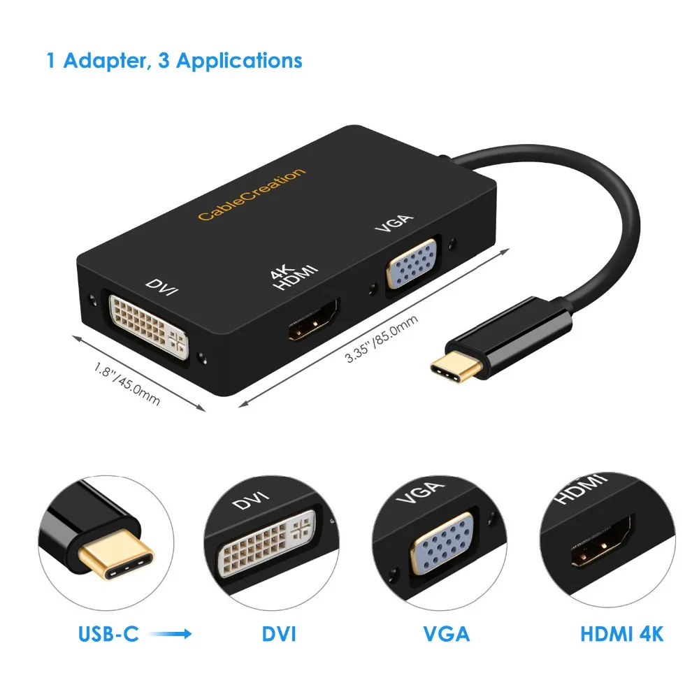 كابل 3 في 1 USB C Hub ذكر إلى DVI + 4K + VGA أنثى USB C محول نوع-C إلى DVI/VGA لماك بوك (برو) باد برو