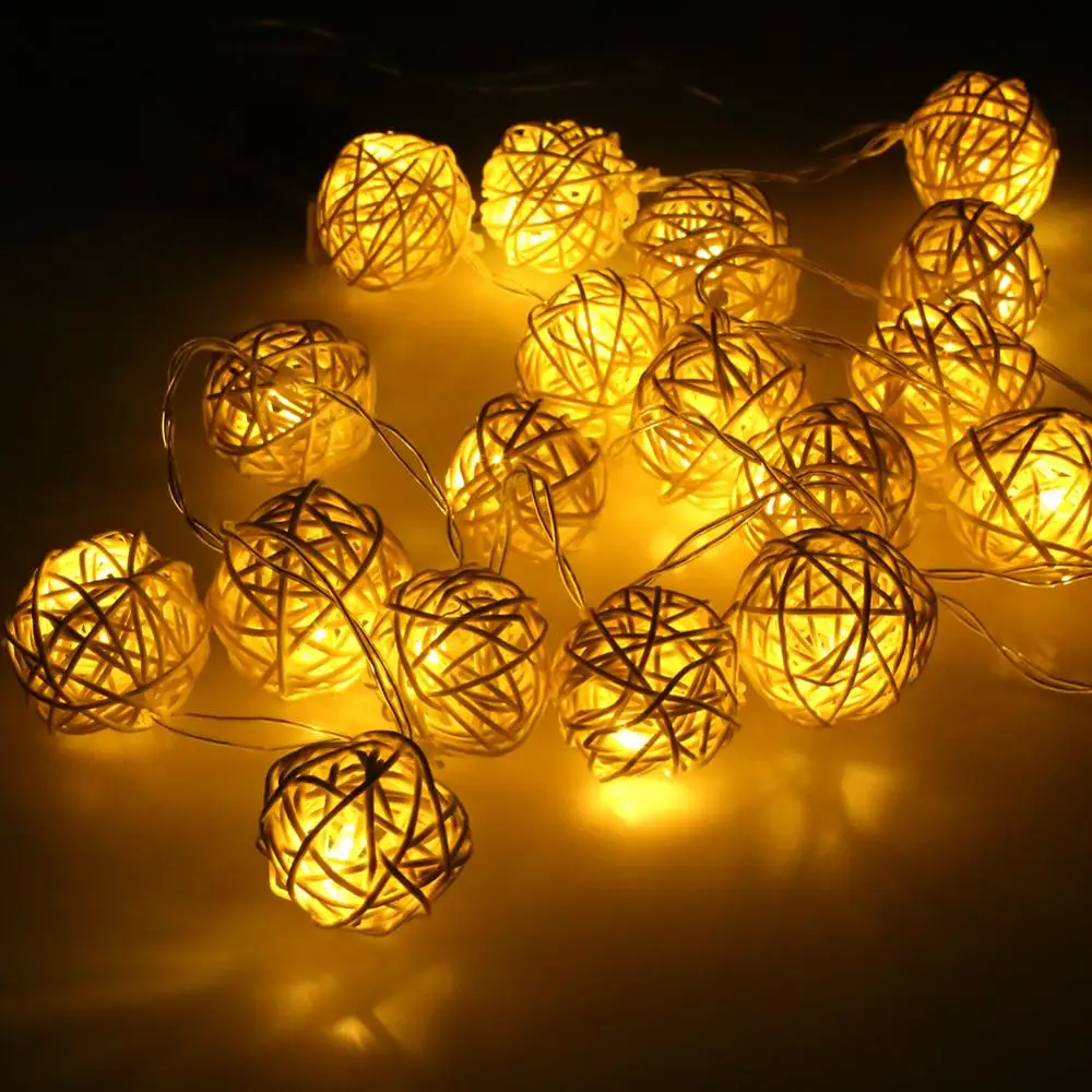 LED Battery String Lights 2M 20pcs White Handmade Rattan Balls String Lights Fairy Party Wedding Patio Christmas Decor