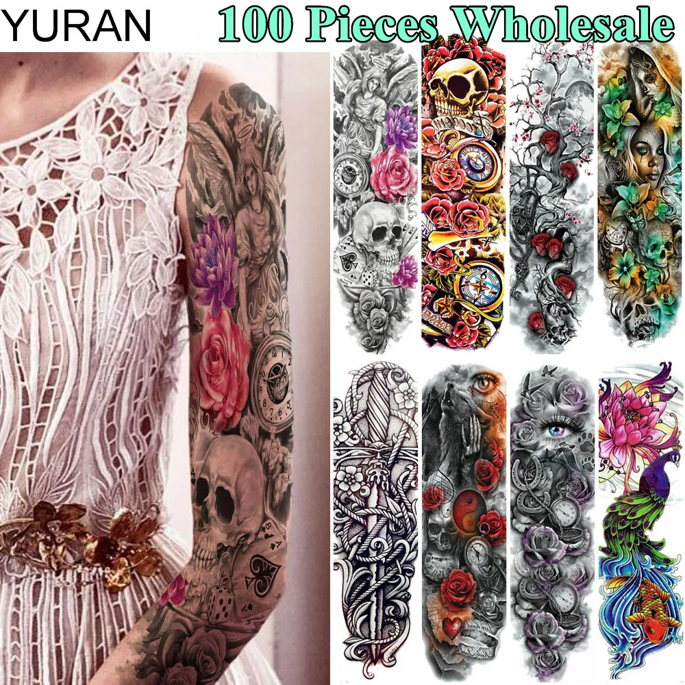 

YURAN 100 Pieces Wholesale Full Arm 48x17 Tattoo Temporary Long Leg Body Art Tatoo Statue Of Liberty Fake EYE Tattoo Sticker DIY