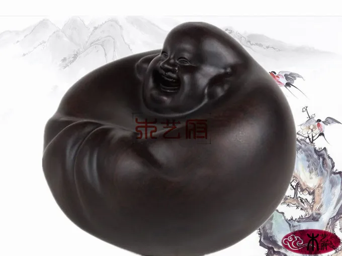 [Government] Ebony Wooden carvings Maitreya Buddha laughing Buddha shake the money carving wood crafts gift ornaments