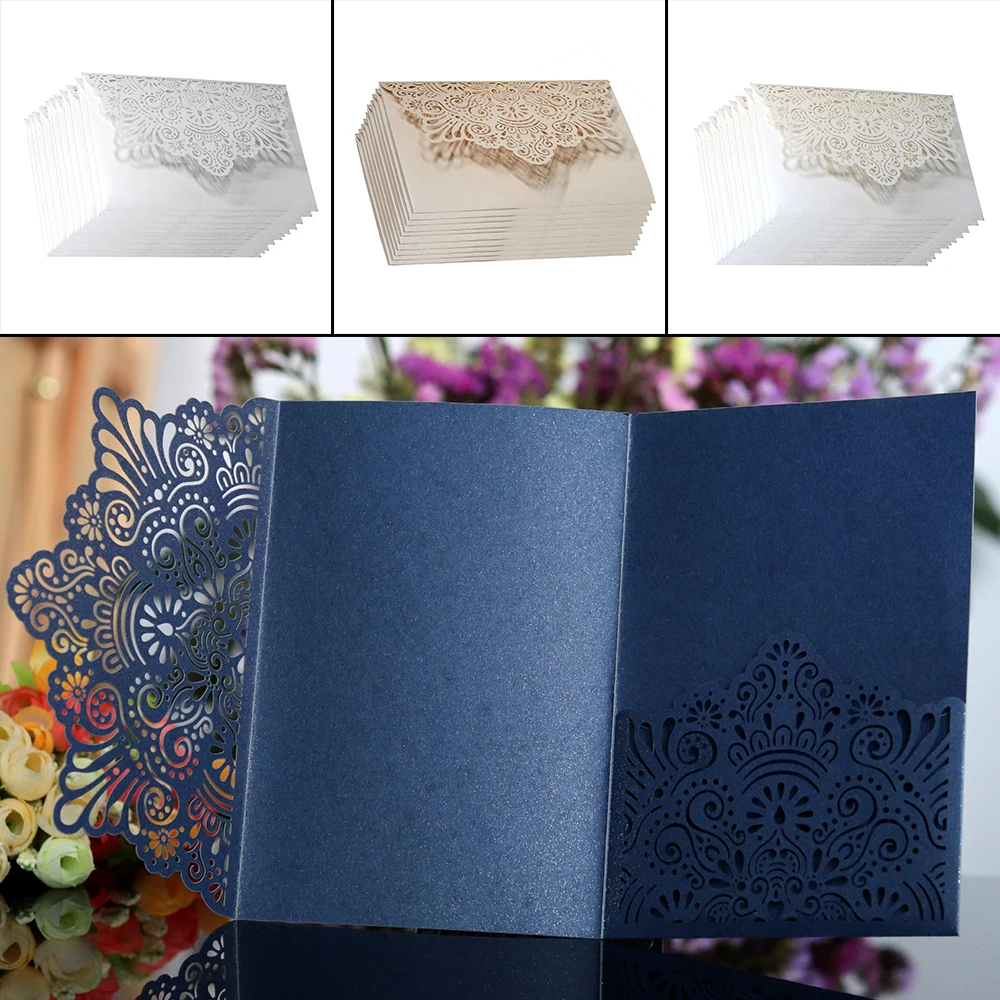 Cartão de convites do casamento do laço elegante, Envelopes do favor, Decoração do partido, Flora nobre, branco, champanhe, azul, corte do laser,