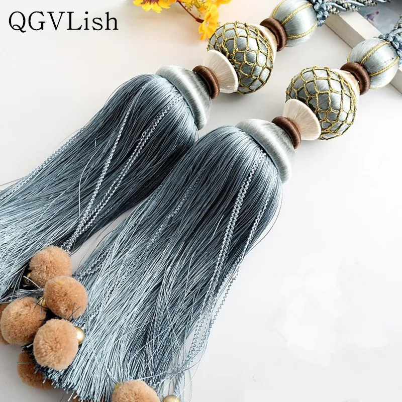 QGVLish 2Pcs Pompons Curtain Tiebacks Tassel Fringe Ropes Hanging Belt Balls Curtain Buckles Clasp Curtain Tie Backs Accessories