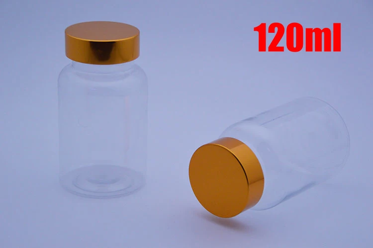 

100pcs 120ml Transparent PET Plastic Bottles, Capsules/Pills/Powder/Vitamin Medicine Empty Containers--Bright Golden Metal Caps