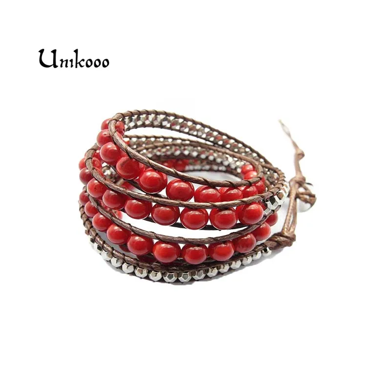 Wax Wrap Bracelet for Women Red Coral Beads Wrap Bracelet Handmade Wrap immitation Leather Bracelet Bijoux Femme