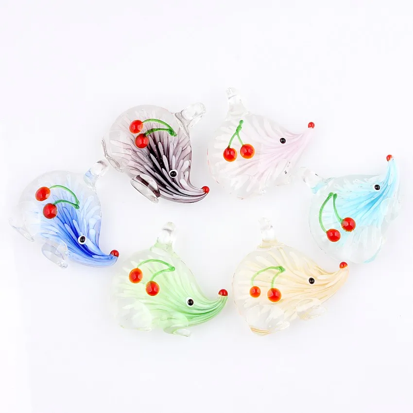 QianBei Wholesale 6pcs Handmade Murano Lampwork Glass Mix Color Flower Hedgehog Pendant Fit Necklace Hot Christmas gift p0132