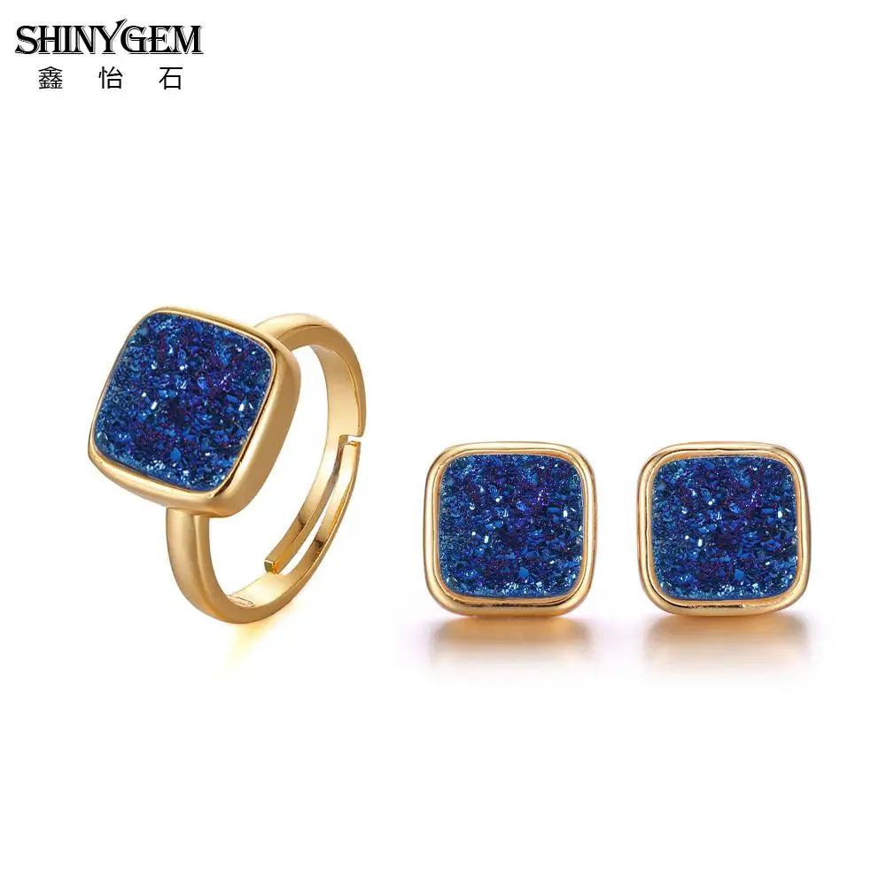 

shinygem natural crystal druzy stud earrings adjustable rings minimalism gold plating wedding jewelry sets bridal