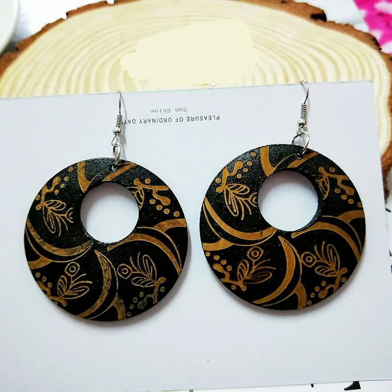 Black Wood Round Africa Handmade Engraved Flower DIY Tribal Earring Wooden Vintage Ethnic Accessories Ear African Boho Jewelry