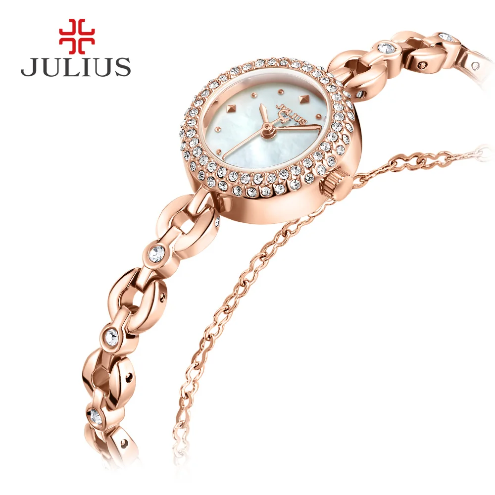 Julius Beautiful Watches for Girls Zircon Bracelate Quartz Wristwatch Rose Gold Shell Pearl Ladies Dress Relogio Women JA-1001