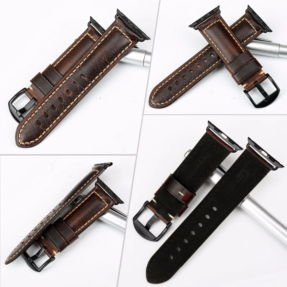 MAIKES Watch Bracelet For Apple Watch Band 45mm 44mm 40mm 41mm Series 9 8 7 6 SE 5 iWatch Vintage Oil Wax Leather Watch Strap