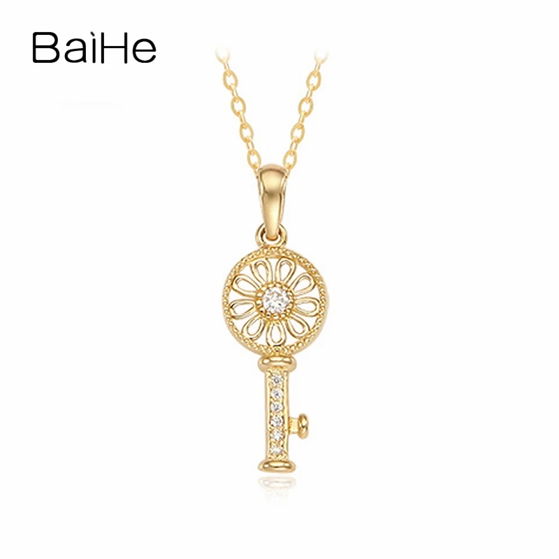 

BAIHE Solid 18K Yellow Gold H/SI Natural Diamond Key Pendant Necklace Women Trendy Wedding Engagement Fine Jewelry Making 열쇠 목걸이