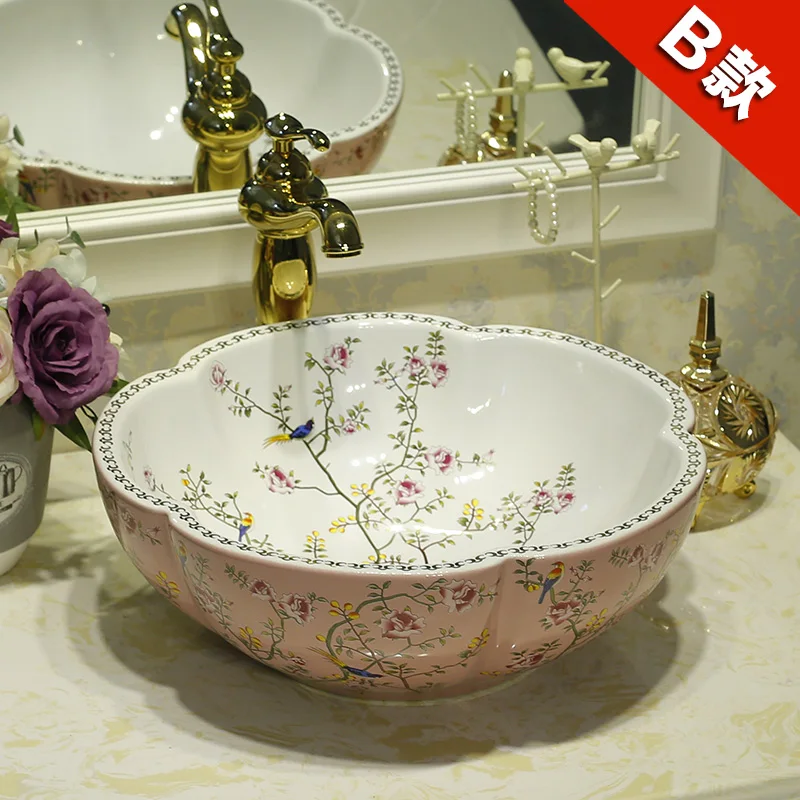 

Flower Shape China Artistic Handmade ceramic sink wash basin Ceramic Counter Top Wash Basin Bathroom Sinks ceramic vanity basin