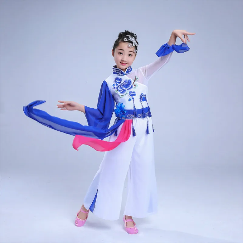 Trajes para crianças hanfu, roupa de dança, porcelana azul e branca, yangge, roupas nacionais, performance de palco