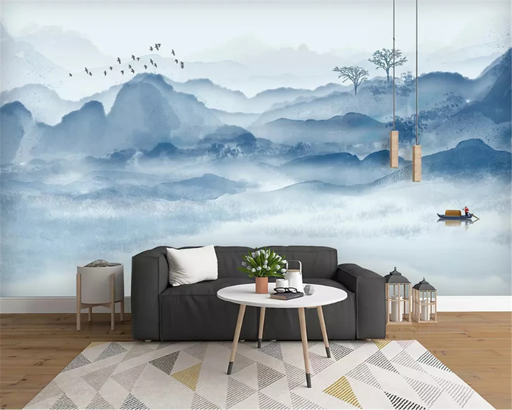 beibehang Custom silky papel de parede wallpaper simple new Chinese ink landscape abstract line background decorative painting