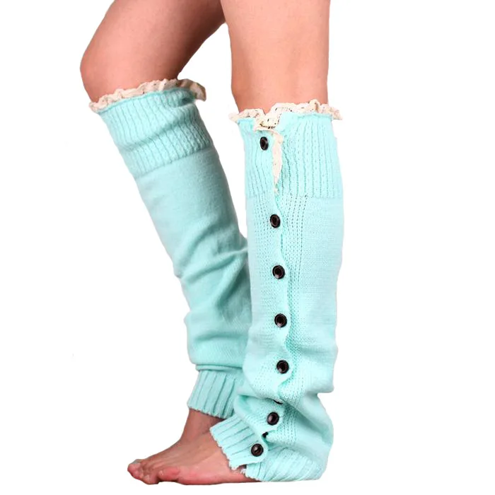 

Winter Warm Knitted Lace Trim Buttons Down Leg Warmers Crochet Boot Socks Children Pink Boot Cuffs