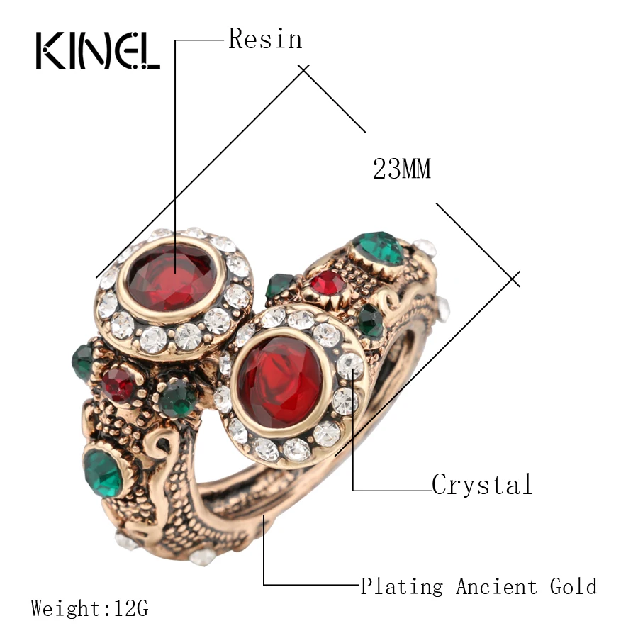 Turkish Red  Rings Antique Gold Color Women\'s Jewelry Double Head Red Gem Stone Finger Ring Free Shipping