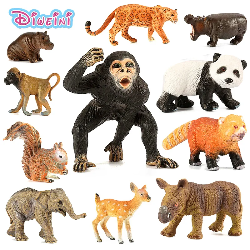 Mini modelos de animales de simulación de zoológico, figuras de Panda, elefante, ciervo, ardilla, Tigre, León, leopardo, hipopótamo, oso, juguete de regalo para niños