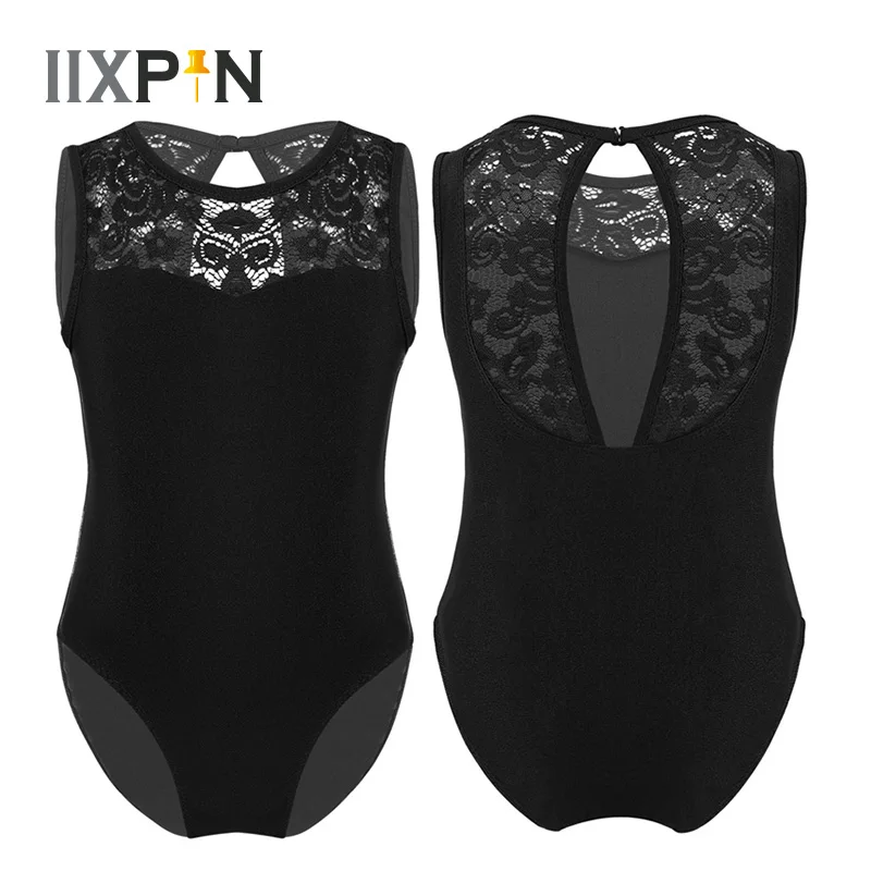 IIXPIN-Ginástica Ballet Leotards para meninas, roupas dançantes infantis, roupas sem mangas, renda, Splice, recorte traseiro, bailarina