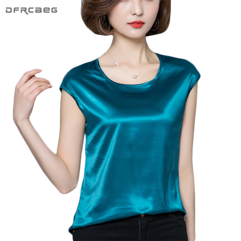 

2022 Casual Summer Satin Blouse Women Solid Basic Loose Plus Size Tops Women Vintage O-Neck Sleeveless Tee Shirt Femme 12 Colors